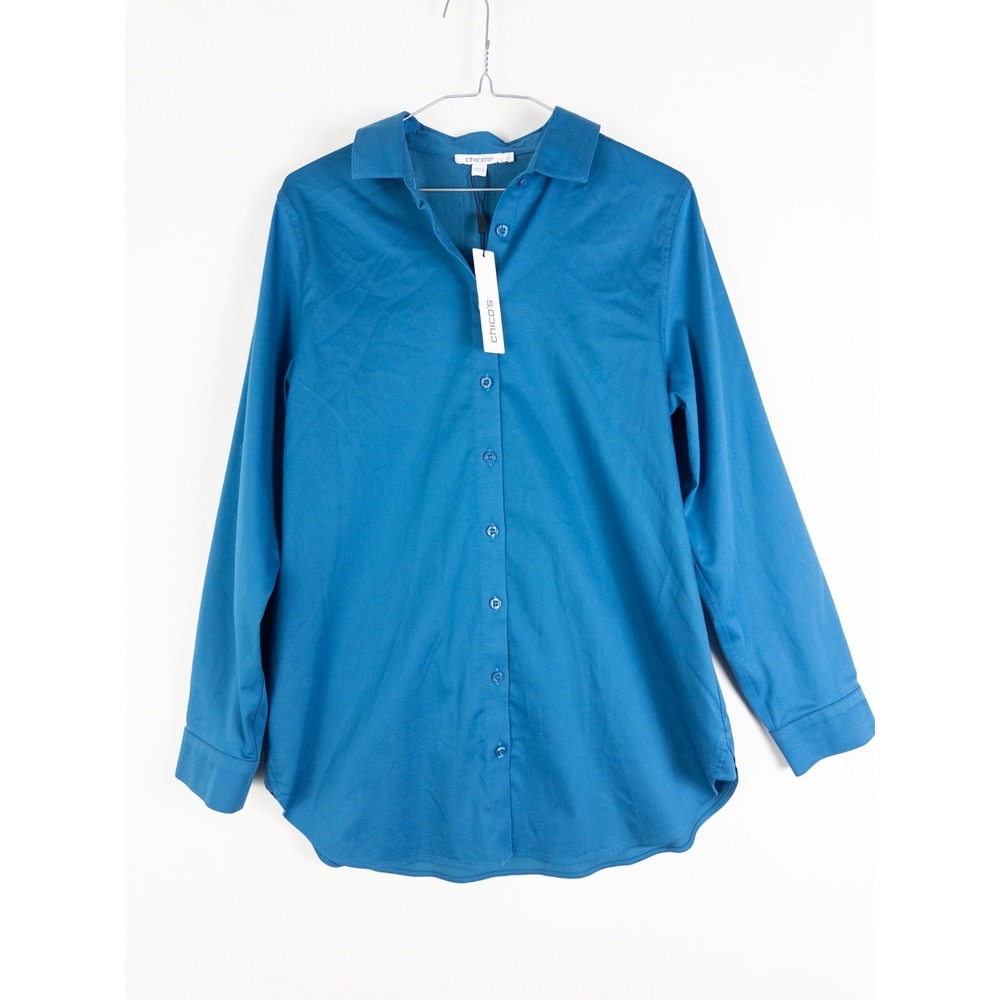 NWT Chicos Shirt Womens US 8 Blue Button Up Casual Button Up Long Sleeve